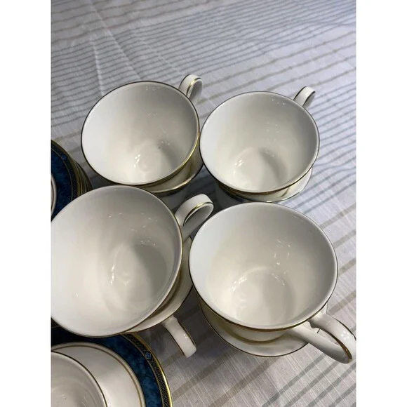 Royal Doulton Biltmore Blue Gold Rimmed Coffee Tea Cups & Saucers 18pc - Picture 4 of 12